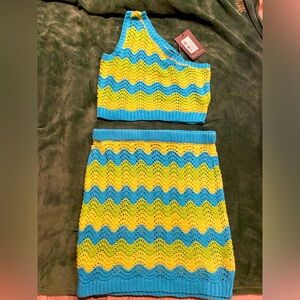 NWT PrettyLittleThings Blue Crochet Wave Knit One Shoulder Top and Skirt Size L